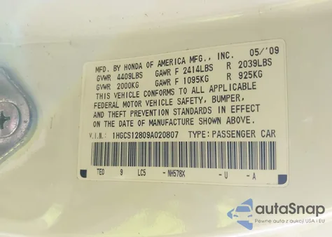 2009 Honda Accord 2.4 Ex-L from USA, damaged, VIN 1HGCS12809A020807